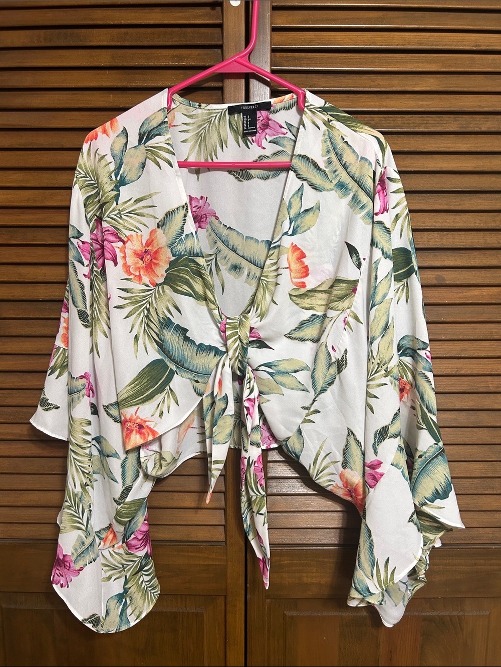 Forever 21 White Floral Tie Front Wide Ruffle Sleeve Short Kimono Size S